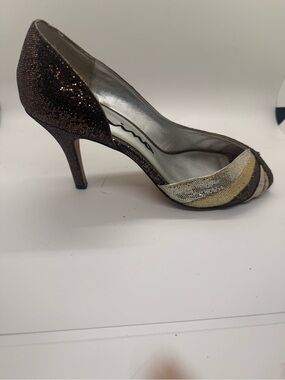 Nina Shoes Brown, Gold & Silver Glitter Peep-Toe Heels